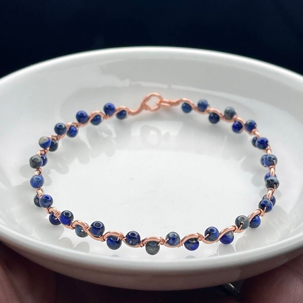Lapis lazuli blue bangle bracelet 8” 99.9% copper wire beaded beads handcrafted